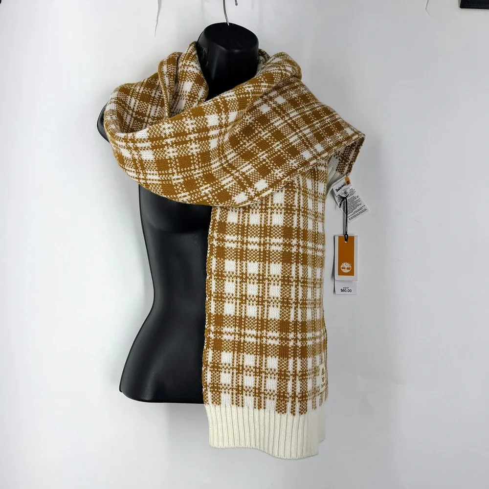 Timberland‎ Mens Plaid Knit Scarf Wheat Logo Patch Ribbed Trim NWT